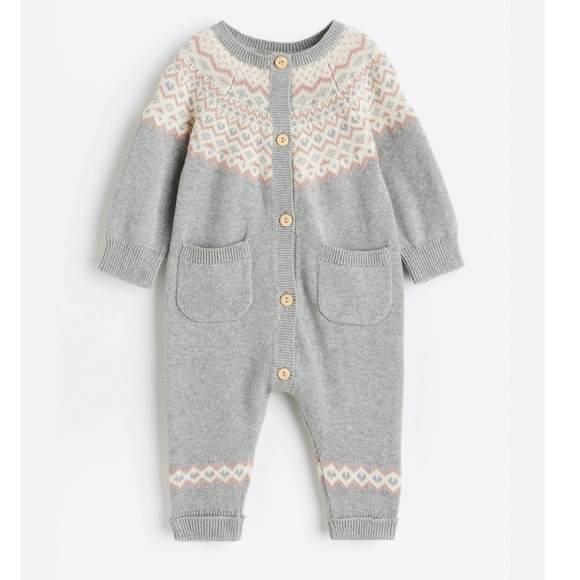 H&M Fair Isle Knit Cotton Jumpsuit 12-18 months Light Grey Pink - Picture 1 of 9